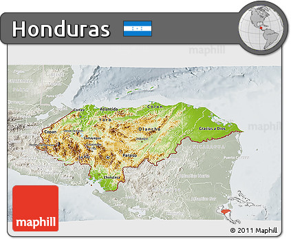 Physical 3D Map of Honduras, lighten, semi-desaturated