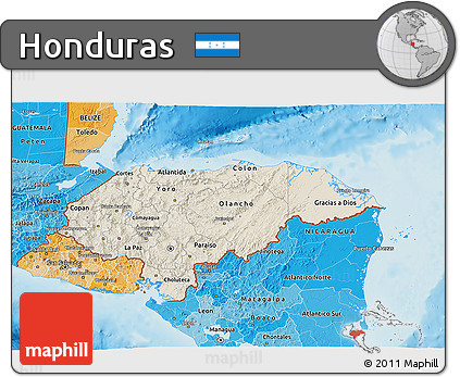 Shaded Relief 3D Map of Honduras, political shades outside, shaded relief sea