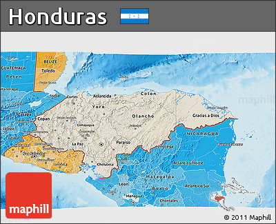 Shaded Relief 3D Map of Honduras, political shades outside, shaded relief sea