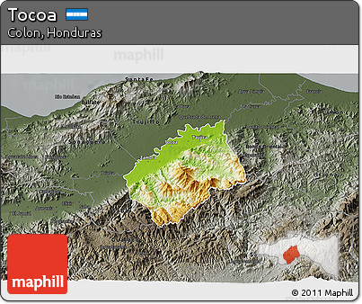 Physical 3D Map of Tocoa, darken, semi-desaturated
