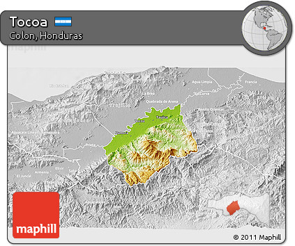 Physical 3D Map of Tocoa, lighten, desaturated