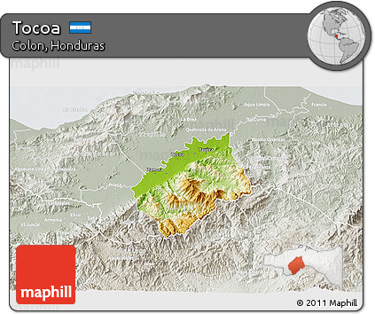 Physical 3D Map of Tocoa, lighten, semi-desaturated