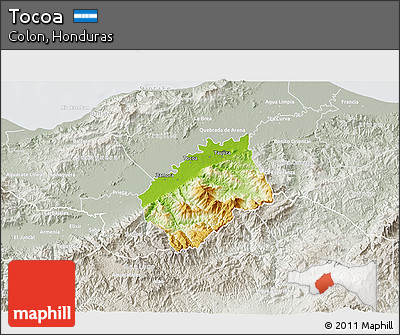 Physical 3D Map of Tocoa, lighten, semi-desaturated