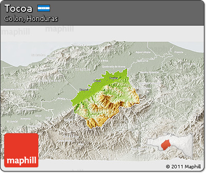 Physical 3D Map of Tocoa, lighten, semi-desaturated