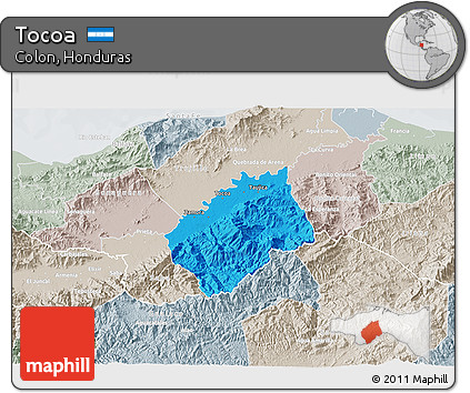 Political 3D Map of Tocoa, lighten, semi-desaturated