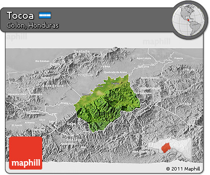 Satellite 3D Map of Tocoa, lighten, desaturated
