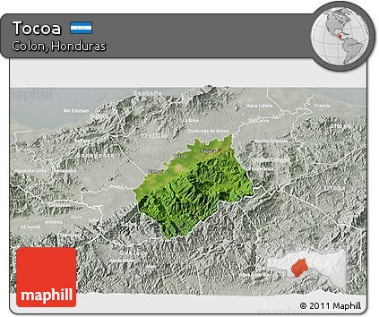 Satellite 3D Map of Tocoa, lighten, semi-desaturated