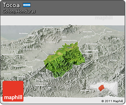Satellite 3D Map of Tocoa, lighten, semi-desaturated