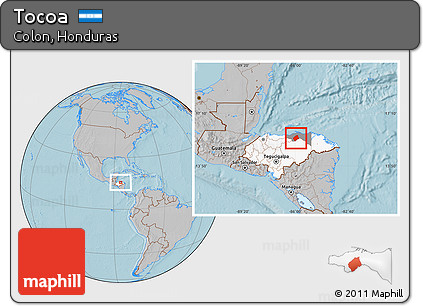 Gray Location Map of Tocoa, highlighted country, highlighted parent region, hill shading