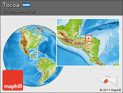 Physical Location Map of Tocoa, highlighted parent region, within the entire country