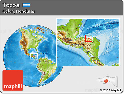 Physical Location Map of Tocoa, highlighted parent region, within the entire country
