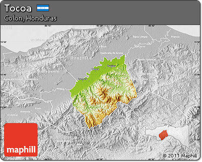 Physical Map of Tocoa, lighten, desaturated