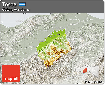 Physical Map of Tocoa, lighten, semi-desaturated
