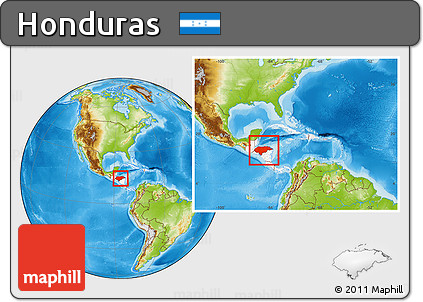 Physical Location Map of Honduras, highlighted continent, within the entire continent