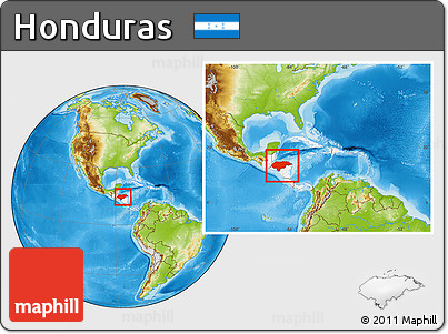Physical Location Map of Honduras, highlighted continent, within the entire continent