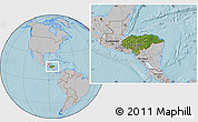 Satellite Location Map of Honduras, gray outside, hill shading