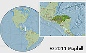 Satellite Location Map of Honduras, savanna style outside, hill shading