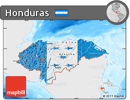 Flag Map of Honduras, single color outside, bathymetry sea, flag rotated
