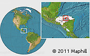 Satellite Location Map of Gualaco, highlighted country, highlighted parent region, within the entire country