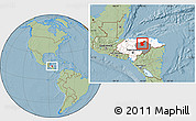 Savanna Style Location Map of Gualaco, highlighted country, highlighted parent region, hill shading