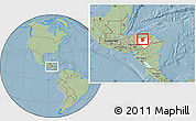 Savanna Style Location Map of Gualaco, highlighted parent region, within the entire country, hill shading