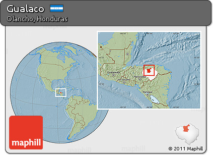 Savanna Style Location Map of Gualaco, highlighted parent region, hill shading