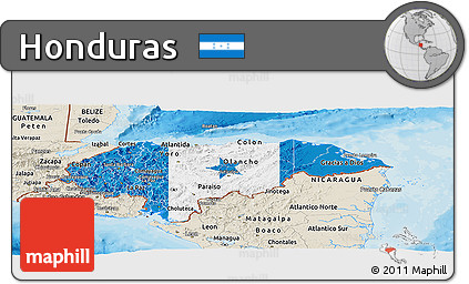 Flag Panoramic Map of Honduras, shaded relief outside, bathymetry sea, flag aligned to the middle