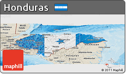 Flag Panoramic Map of Honduras, shaded relief outside, bathymetry sea, flag aligned to the middle