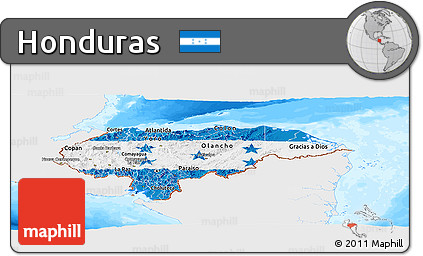 Flag Panoramic Map of Honduras, single color outside, bathymetry sea, flag centered