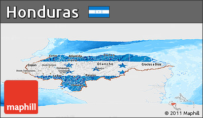 Flag Panoramic Map of Honduras, single color outside, bathymetry sea, flag centered