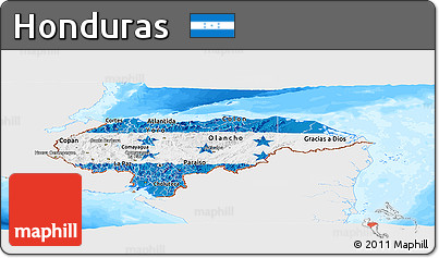 Flag Panoramic Map of Honduras, single color outside, bathymetry sea, flag centered