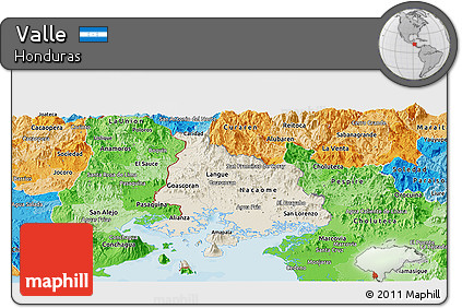 Shaded Relief Panoramic Map of Valle, political shades outside