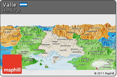 Shaded Relief Panoramic Map of Valle, political shades outside