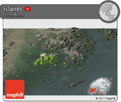 Satellite 3D Map of Islands, darken, semi-desaturated