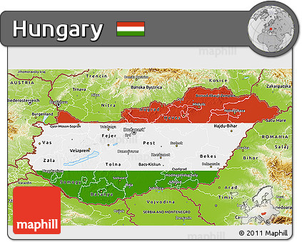 Flag 3D Map of Hungary, physical outside, flag centered