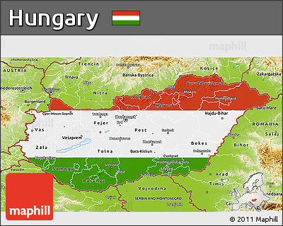Flag 3D Map of Hungary, physical outside, flag centered