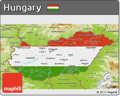 Flag 3D Map of Hungary, physical outside, flag centered