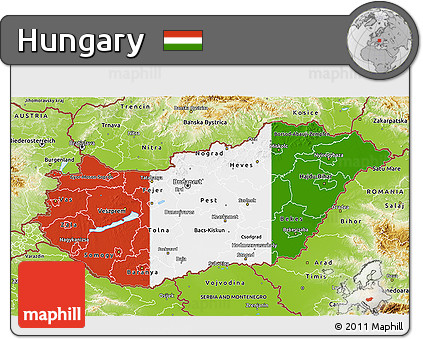 Flag 3D Map of Hungary, physical outside, flag rotated