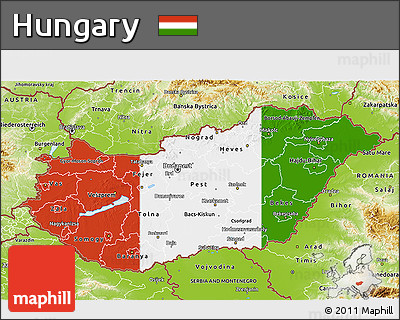 Flag 3D Map of Hungary, physical outside, flag rotated