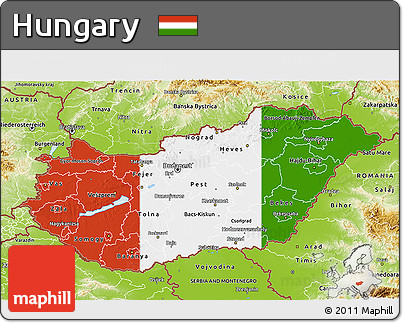 Flag 3D Map of Hungary, physical outside, flag rotated