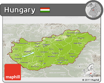 Physical 3D Map of Hungary, lighten, semi-desaturated