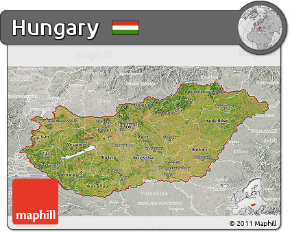 Satellite 3D Map of Hungary, lighten, semi-desaturated