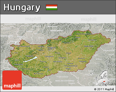 Satellite 3D Map of Hungary, lighten, semi-desaturated