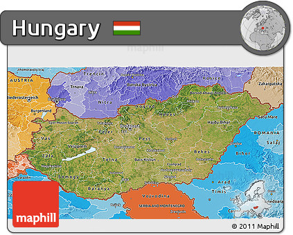 Satellite 3D Map of Hungary, political shades outside