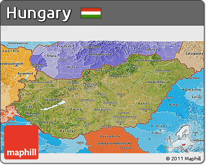 Satellite 3D Map of Hungary, political shades outside