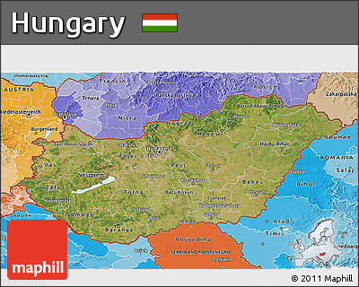 Satellite 3D Map of Hungary, political shades outside