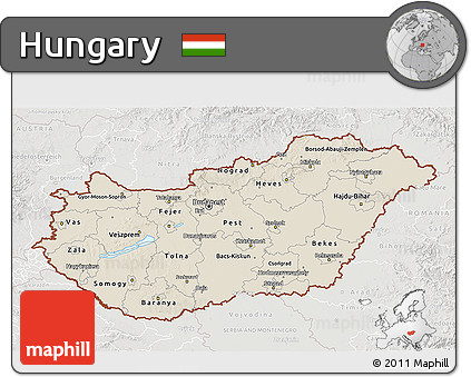 Shaded Relief 3D Map of Hungary, lighten, semi-desaturated