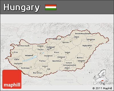 Shaded Relief 3D Map of Hungary, lighten, semi-desaturated