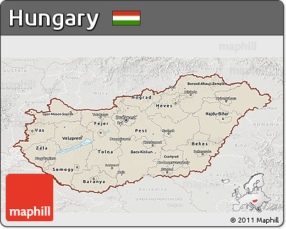 Shaded Relief 3D Map of Hungary, lighten, semi-desaturated