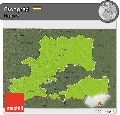 Physical 3D Map of Csongrád, darken, semi-desaturated